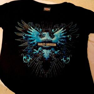 Ladies black and teal Harley logo dragon t shirt